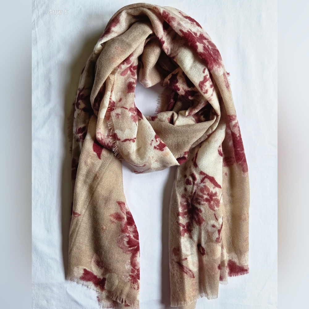Chic Beige, Burgandy, And Pink Floral Scarf. It Is Beautiful At Every Angle.